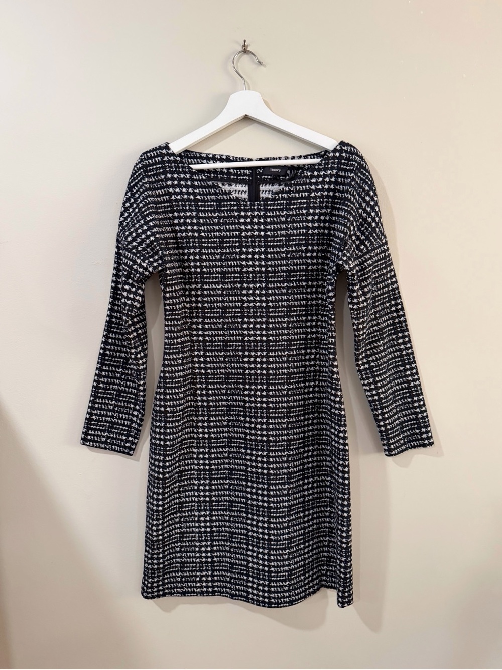 Theory Dress Women L Black White Jacquard Bodycon Mini Office Chic Minimalist